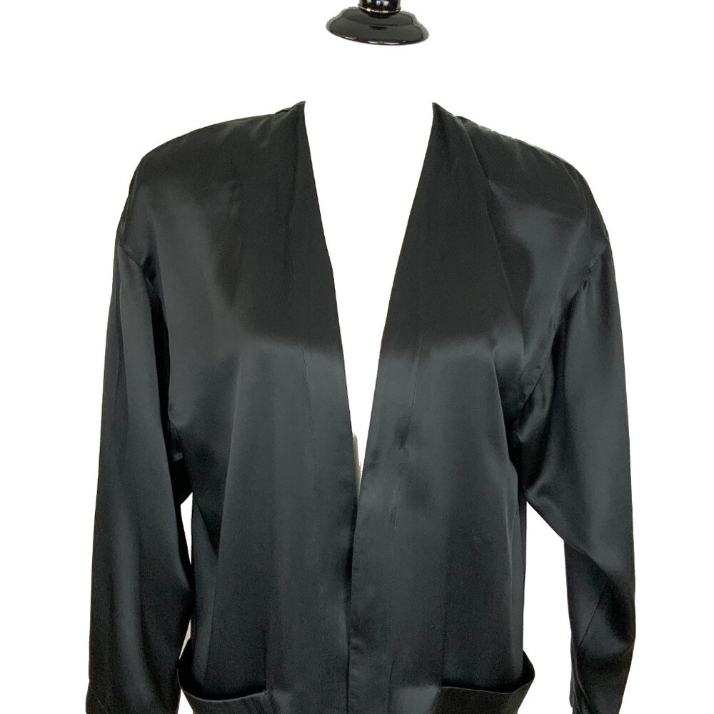 Black Satin Silk Open-Front Jacket Kimono-Style Robe Sz M - Picture 3 of 16
